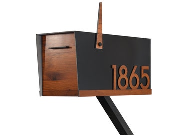 Contemporary Post Mounted Mailbox, Aluminum Black Body with Aluminum Red Oak Door and Underline Numbers, Modern Custom Design Mailbox Type 4