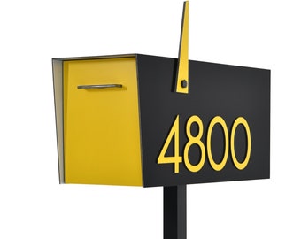 Contemporary Post Mounted Mailbox, Aluminum Black Body and Aluminum Yellow Door and Number, Modern Design, Custom Mailbox, Mailnest, Type 4