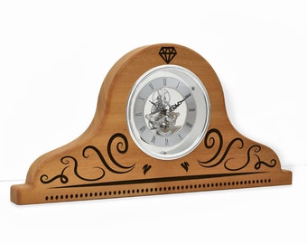 Wooden Mantel Clock - Shelf Clock - Fireplace Clock - Skeleton Clock Face - Housewarming Gift - Anniversary Gift Idea - Living Rom Decor