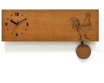 Modern Wooden Wall Clock - Pendulum Wall Clock - Laser Engraved on Iroko Wood - Country Farm Deco - Rooster - Animal Theme Decorative Clock