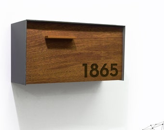 Mailbox with Solid Iroko Wood Face, Metallic Gray Aluminum Body, House Number, Custom Laser Engraved, Wall Mounted, Mailnest Style 3