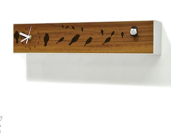 Modern Cuckoo Bird Clock - Solid Wood - Wooden Wall Clock / Table Clock - Minimalist Wall Art - Decor - City One-Story Big - Birds on Wire