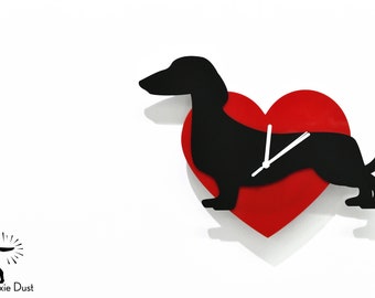 Wagging Tail Dachshund Dog - Red Heart & Black Silhouette - Wall Clock