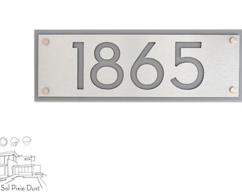 Números de casa modernos, aluminio plateado cepillado con marco rectangular y acrílico gris - Dirección de casa contemporánea -Placa de letrero - Número de puerta