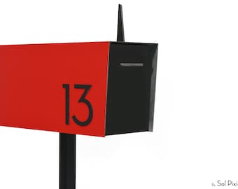 Zeitgenössische Post Post Montiert, Aluminium Rot Körper und Aluminium Schwarz Tür und Zahlen, Modernes Design, Benutzerdefinierte Mailbox Mailnest Typ 4