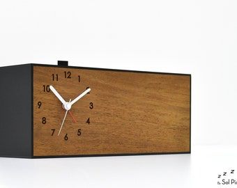 Modern Alarm Clock - Solid Wood Rectangle - Analog Silent No Ticking Clock - Table Desk Bedside Clock - Customizable Clock - Minimalist Art