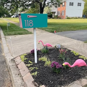 Contemporary Post Mounted Mailbox, Aluminum Ocean Green Body and Aluminum Candy Pink Door and Number, Modern Design, Custom Mailbox, Type 4