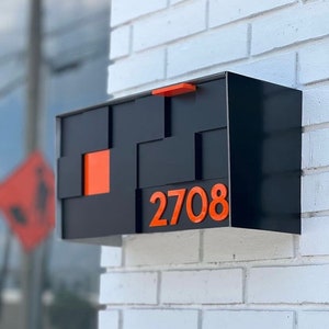 Mailbox with 3d Black Acrylic Face, Aluminum Black Body and Orange number Modern Design Custom Mailbox Wall Mounted Mailbox, Mailnest Type 3