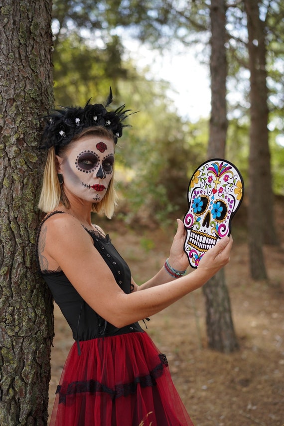 Ventaglio In Pizzo Con Teschio Sugar Skull – Per Halloween, Dia De Los Muertos – Multicolore – Ornamento Costume Messicano - 3