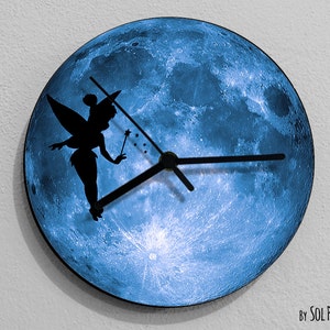 Tinkerbell - Silhouette on Moon Wall Clock - Wall clock Unique - Wall Decor - Gift Idea - RGB LED 5V Backlit Option