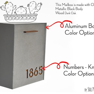 May include: A gray metal mailbox with a wooden handle and a cutout number "1865". The mailbox is made with options for a metallic black body or a wood dark oak body. The text "Aluminum Body Color Options" and "Numbers - Knob Color Options" are written on the image.