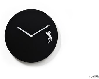 Unique Minimalist Wall Clock - Black & White with Hanging Climbing Boy - Unique Gift for Boy - Customizable Colors - Kids Nursery Room Decor