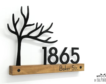 Modern House Numbers - Tree 02 Wooden & Acrylic signs - African Teak Iroko - Contemporary Home Address - Door Number - Modern Underline sign