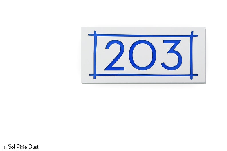 Number 203 Sign Modern House Numbers, Line Ornament White Acrylic With Blue Acrylic ...