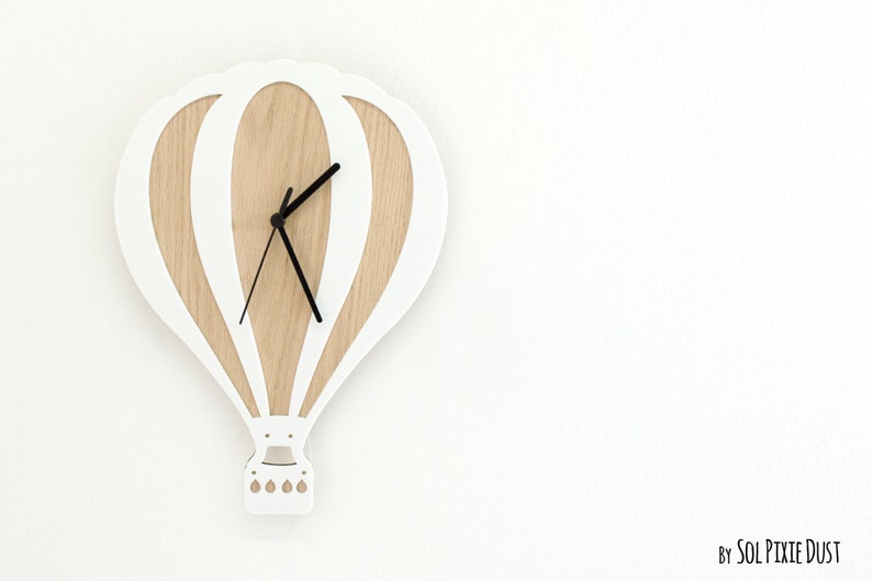 Hot Air Balloon Wooden and Acrylic Wall Clock - Kids Nursery Room, Teens Room, Baby Room 
