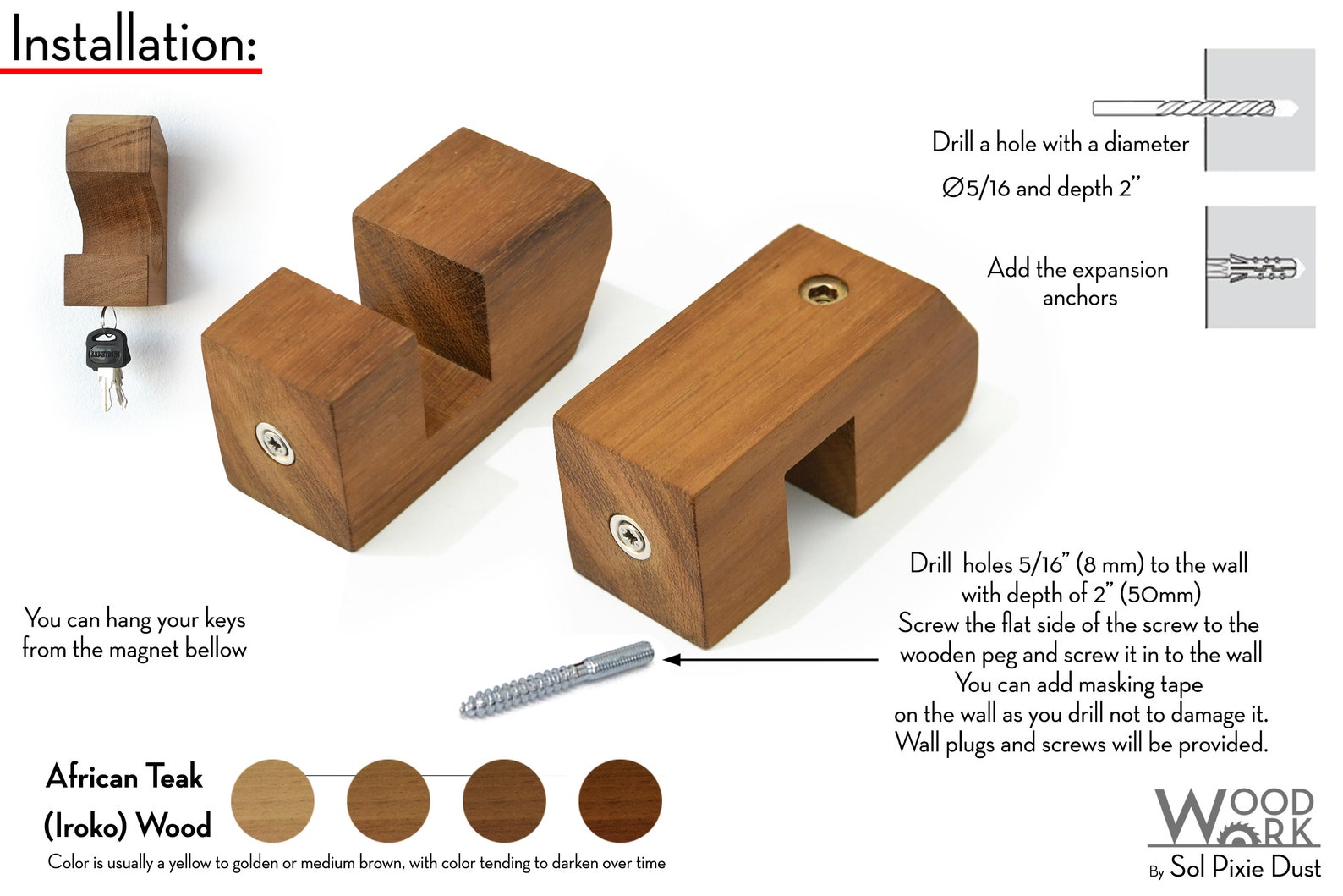 Modern Wooden Wall Pegs Coat Hook Solid African Teak Etsy