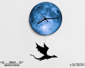 Dragon Swinging on the moon - Mother of Dragons - Wall Clock with Pendulum - Wall clock Unique - Gift Idea