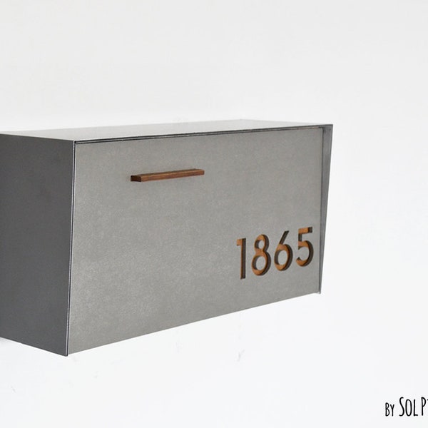 Briefkasten mit Betongesicht / -tür, Aluminiumkörper und Holz-Vanish-Nummer, modernes Design, benutzerdefinierter Briefkasten, an der Wand montierter Briefkasten, Mailnest Typ 3