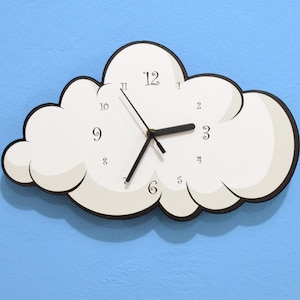 May include: A white cloud-shaped clock with black hands and black numbers on a light blue wall. The clock is set to 12:30.