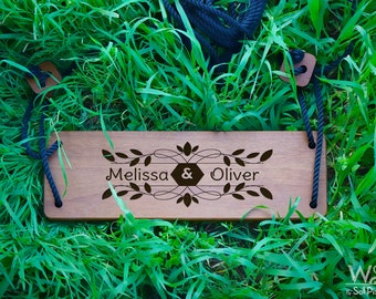 Columpio de árbol de madera - Madera maciza de teca africana - Grabado personalizado - Jubilación - Decoración de jardín al aire libre - Aniversario - Columpio para pareja
