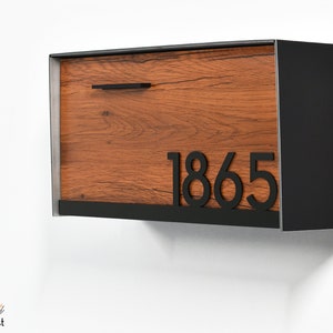 Mailbox with Black Aluminum Body, Red Oak Face and Underline Black Acrylic Number, Custom Personalized Mailbox, Modern Wall Mounted, Type 3