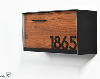 Mailbox with Black Aluminum Body, Red Oak Face and Underline Black Acrylic Number, Custom Personalized Mailbox, Modern Wall Mounted, Type 3