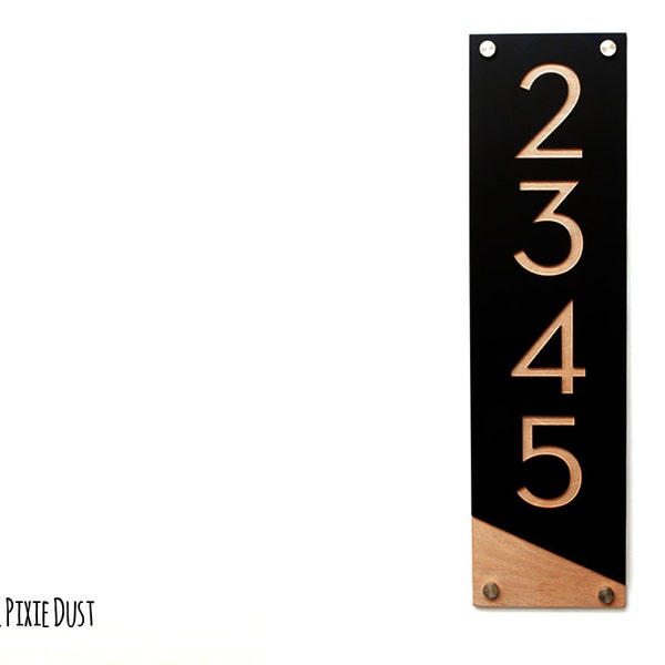 Modern House Numbers, Black Acrylic with Natural Wood - Vertical - Contemporary Home Address -Sign Plaque - Door Number