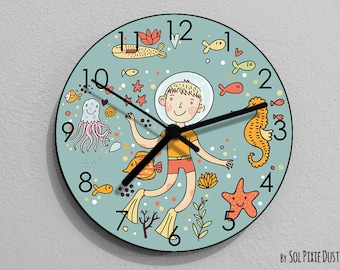 Boy Scuba Diving Wall Clock - Sea Life - Kids Nursery Room, Teens Room, Baby Room  - Wall Clock