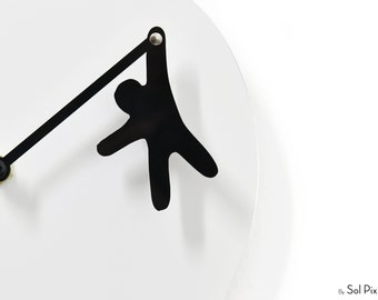 Unique Minimalist Wall Clock - White & Black with Hanging Man - Wall Decoration - Unique Gift Idea - Customizable Colors - Funny Wall Clock