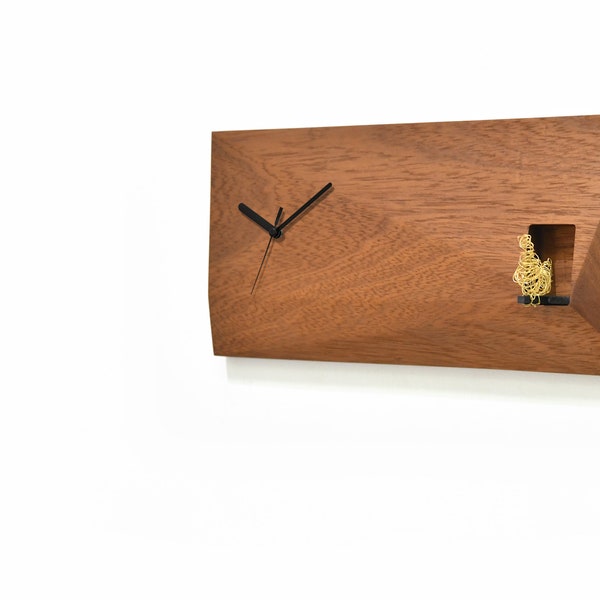 3D Cuckoo Clock with Golden Bird - Solid Wooden Wall Clock - Massive Wood Iroko - Contemporary Wall Mount Clock - Minimalist - Modern Clock