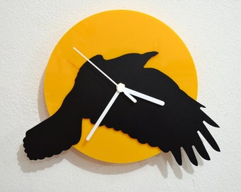 Crow Flying - Black & Yellow Silhouette - Wall Clock