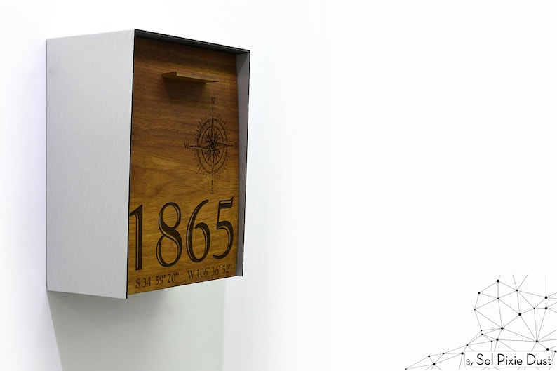 Modern Mailbox Brushed Silver Aluminum Body Wall Mounted Solid Iroko Wood Face Mailnest Style 2 Compass Custom Laser Engraved