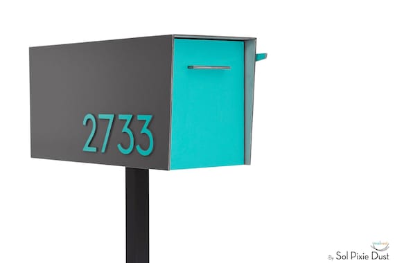 Contemporary Post Mounted Mailbox, Aluminum Metallic Gray Body and Ocean Green Door and Number, Modern Design Custom Mailbox Mailnest Type 4