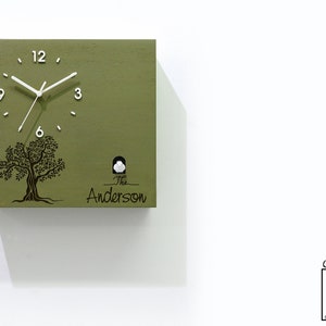 Modern Cuckoo Bird Time Box Clock - Olive Chalk Laser Engrave - Wall Mount Pendulum Clock - Family Name - Family Tree Clock - Parents Gift