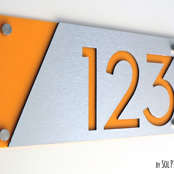 Modern House Numbers, Alucobond with Yellow Acrylic - Contemporary Home Address -Sign Plaque - Door Number