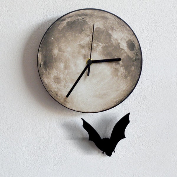 Halloween Bat Swinging on Moon - Wall Clock with Pendulum - Wall clock Unique - Wall Decor - Gift Idea