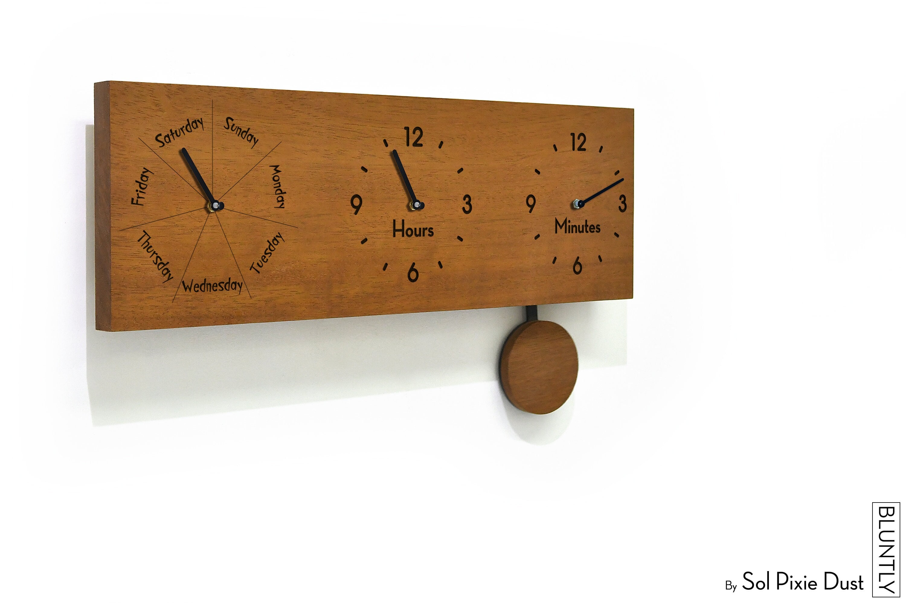 Modern Wooden Wall Clock - Week of the Day and Hours Minutes Clock - Pendulum Wall Clock - Laser Engraved Iroko Wood - Office Wall Decor