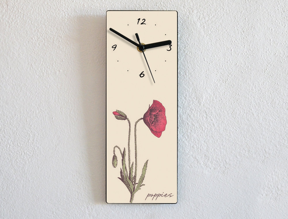 Poppy Flowers Wall Clock Battery Operated Non Ticking Silent Round Acrylic Red 