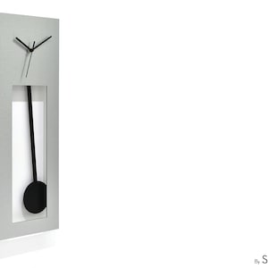 May include: A silver wall clock with a black pendulum and black hands. The clock has a rectangular face and a brushed metal finish.