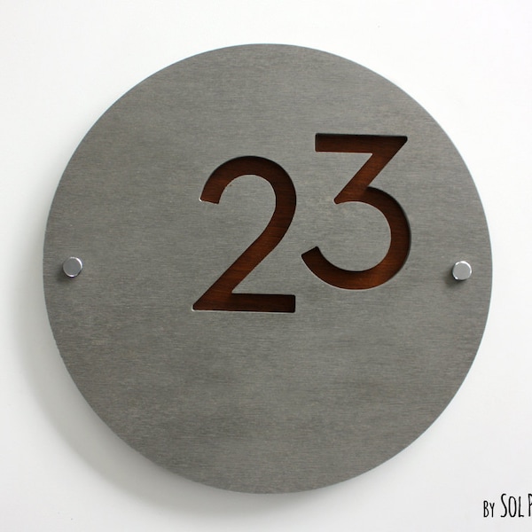 Modern House Numbers, Round Concrete with Marine Plywood - Contemporary Home Address - Sign Plaque - Door Number