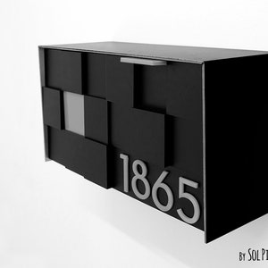 Mailbox with 3d Black Acrylic Face, Aluminum Black Body and Grey numbers, Modern Design Custom Mailbox Wall Mounted Mailbox, Mailnest Type 3