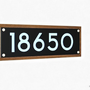 Modern House Numbers Framed - LED Light 5V or 12V - Iroko wood & Black Face - Contemporary Home Address Plaque - Backlit Sign - Style 1