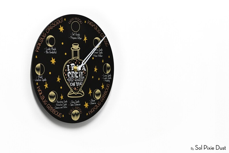 Moon Phase Wall Clock - Lunar Cycle - Round Black - Witch Clock - Magic ...