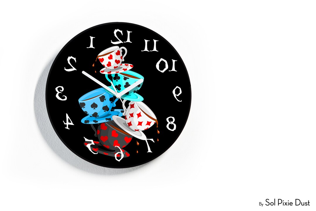 Reverse Wall Clock Mad Tea Party Round Funny Clock Backwards Running Time Counterclockwise Clock