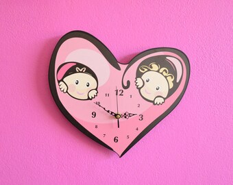 Cute Babies Heart Cartoon - Wall Clock