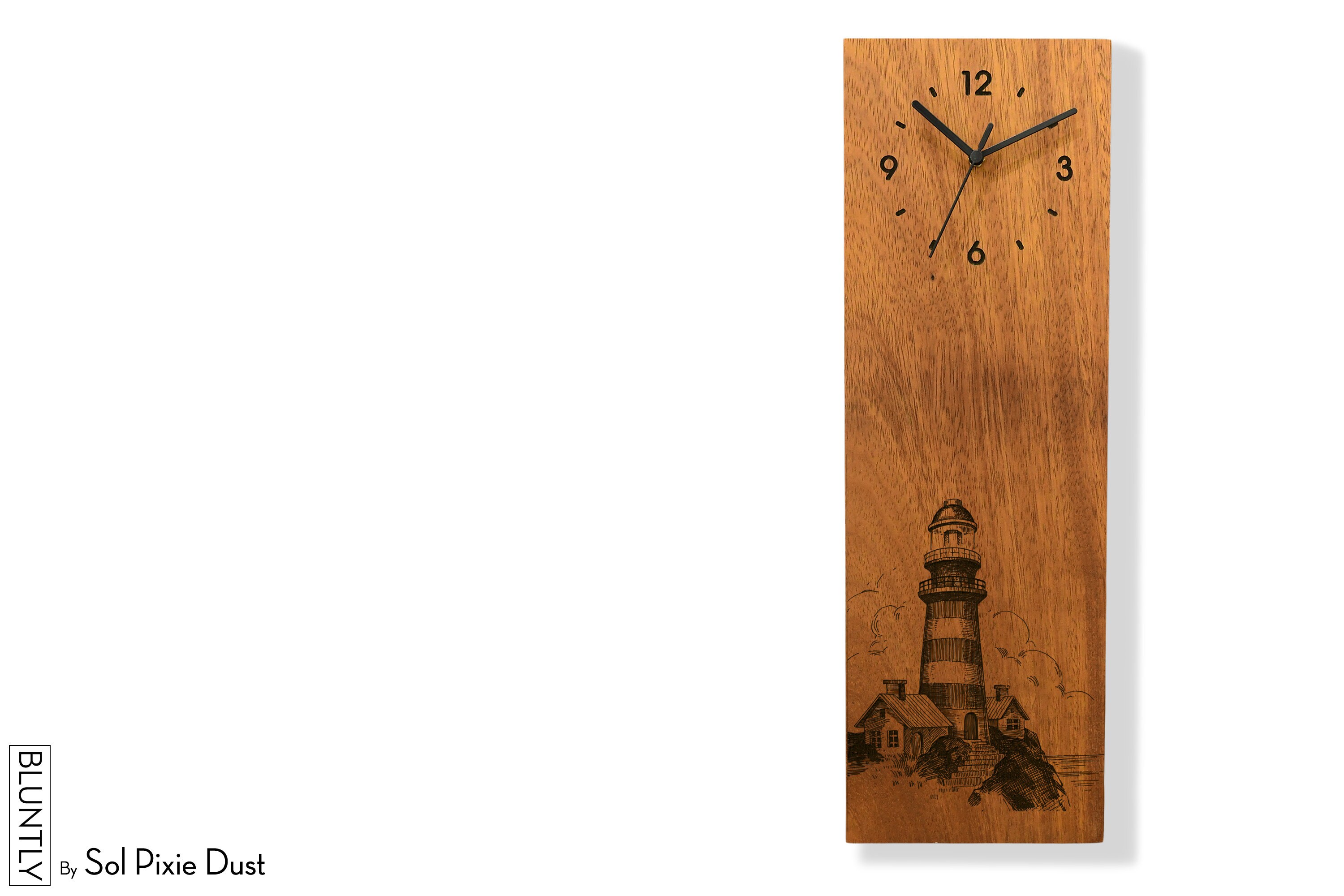 Modern Wooden Wall Clock - Vertical Wall and Table Clock - Laser Engraved Iroko Wood - Coastal Decor Rustic - Coastal Home - Lighthouse Deco