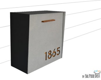 Mailbox with Concrete Face (Door), Black Aluminum Body and Wood Vanish Numbers, Modern Style Custom Mailbox, Wall Mounted Mailbox, Type 1