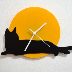 Cat Lying - Black & Yellow Silhouette - Wall Clock