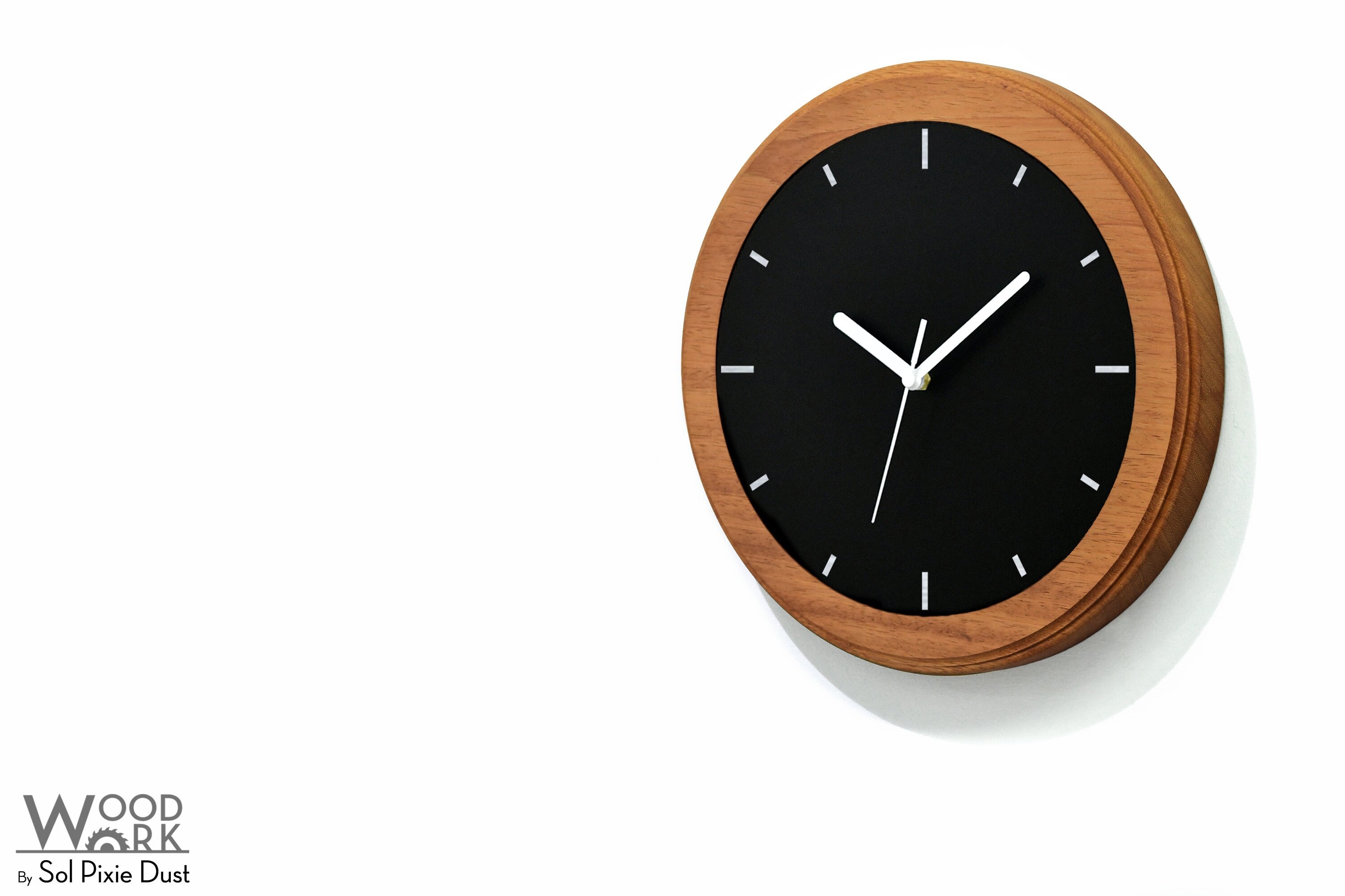 Round Wall Clock - Solid Iroko Wood - Black Aluminum Fiber Laser Engraving - Unique - Student Gift - Minimalist wall Art-Rustic Office Decor