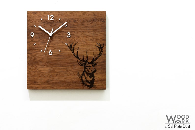 Solid Wood Wall Clock - Deer - Wood Laser Engraved - Massive Woo Solid Wood Wall Clock - Deer - Wood Laser Engraved - Massive Woo